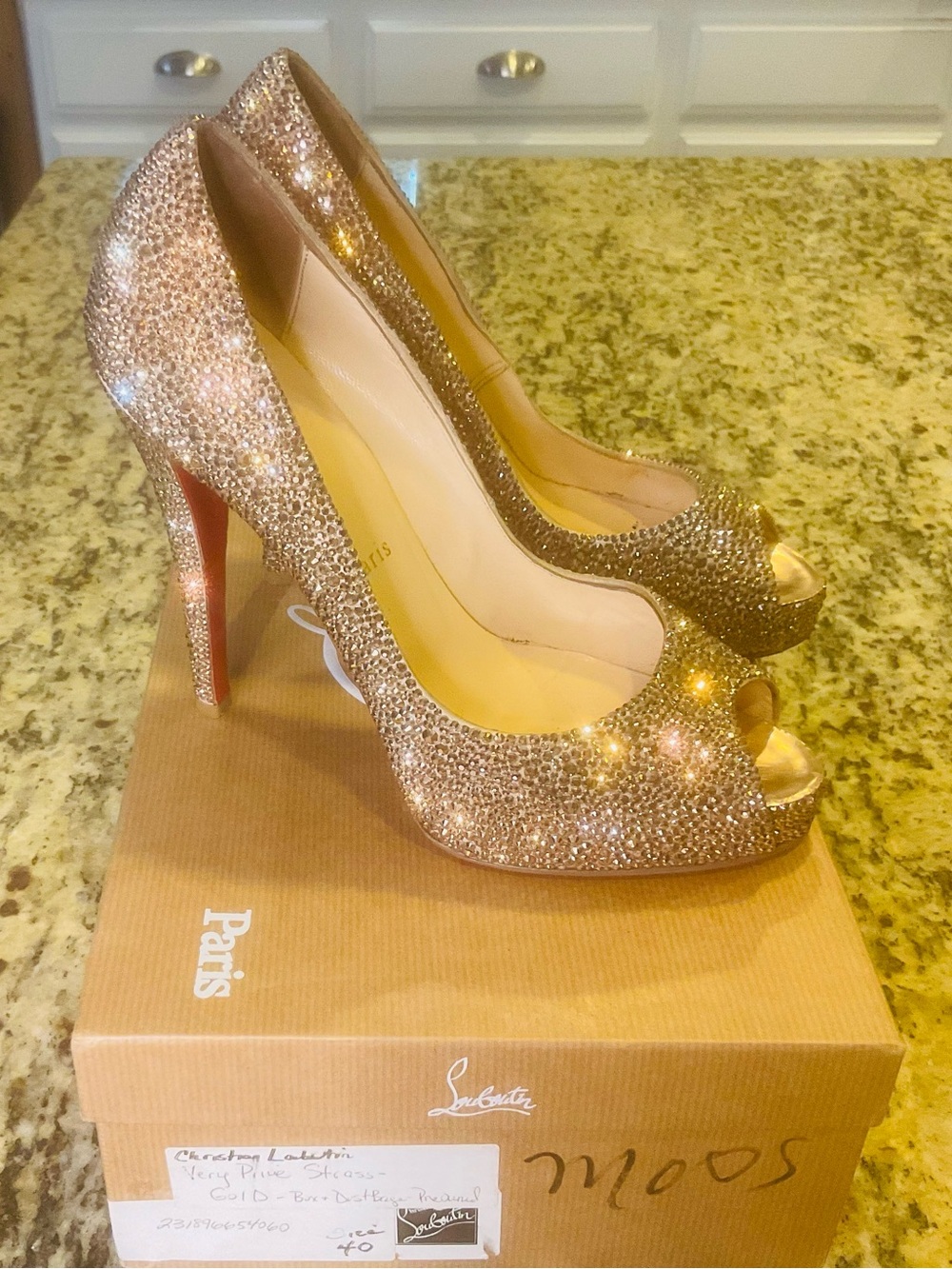 Christian Louboutin Rose Gold Crystal Peep-Toe Stilettos